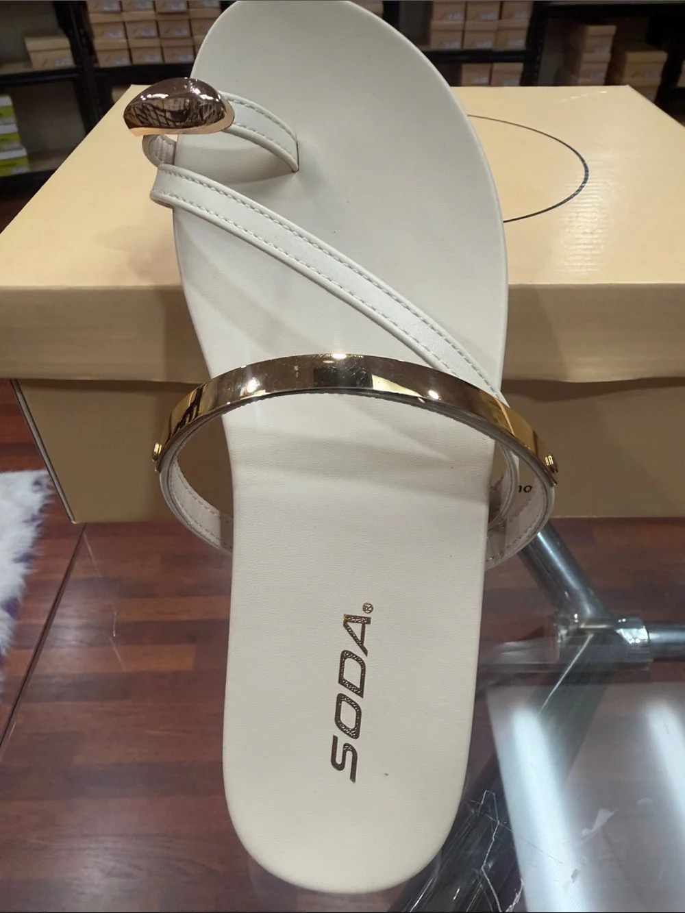 Soda White and Gold Women’s Toe-Ring Slide Sandals